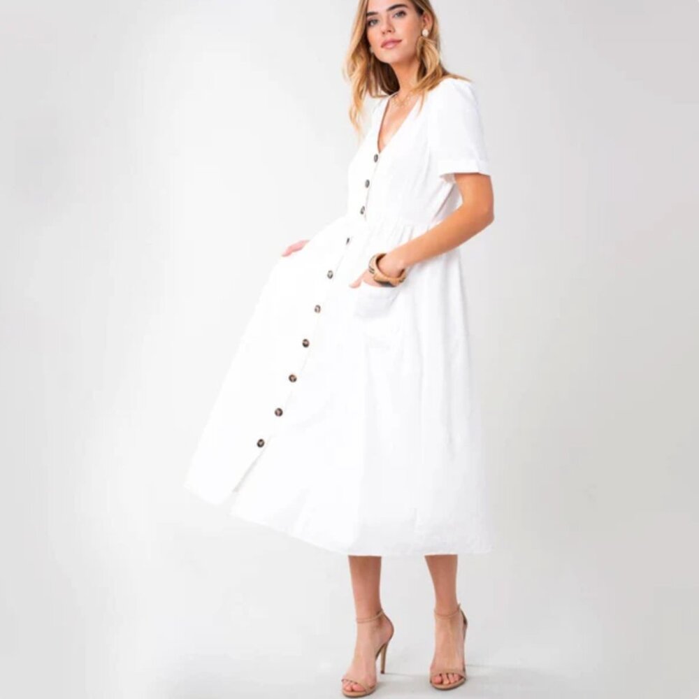 Clad & Cloth White Linen Button-Down Midi Dress with Pockets